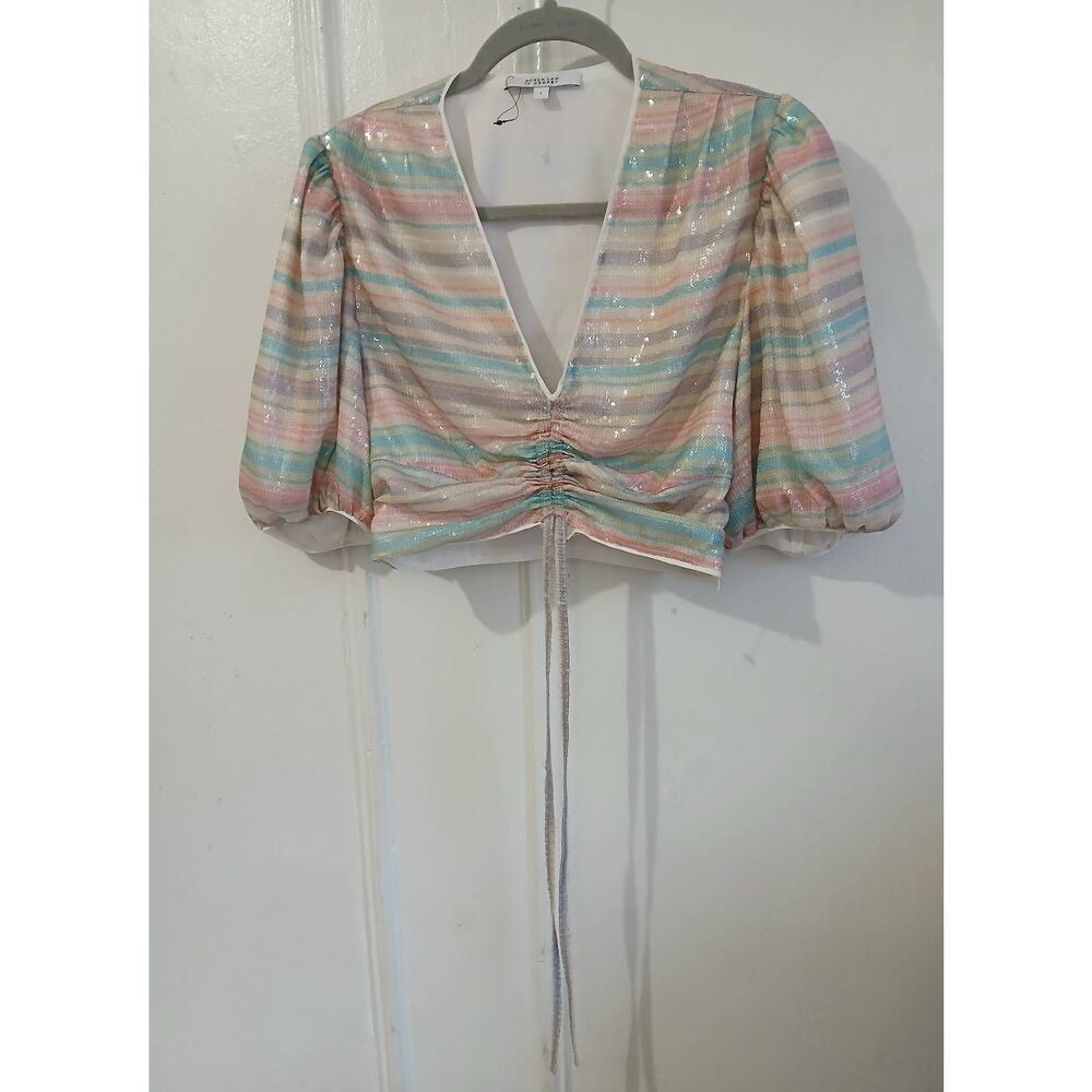 Derek Lam 10 crosby womens small ALL SEQUIN pink beige cropped top stripe